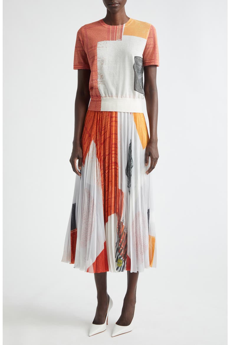 Collage Print Pleated Chiffon Midi Skirt, Alternate, color, RED MULTI