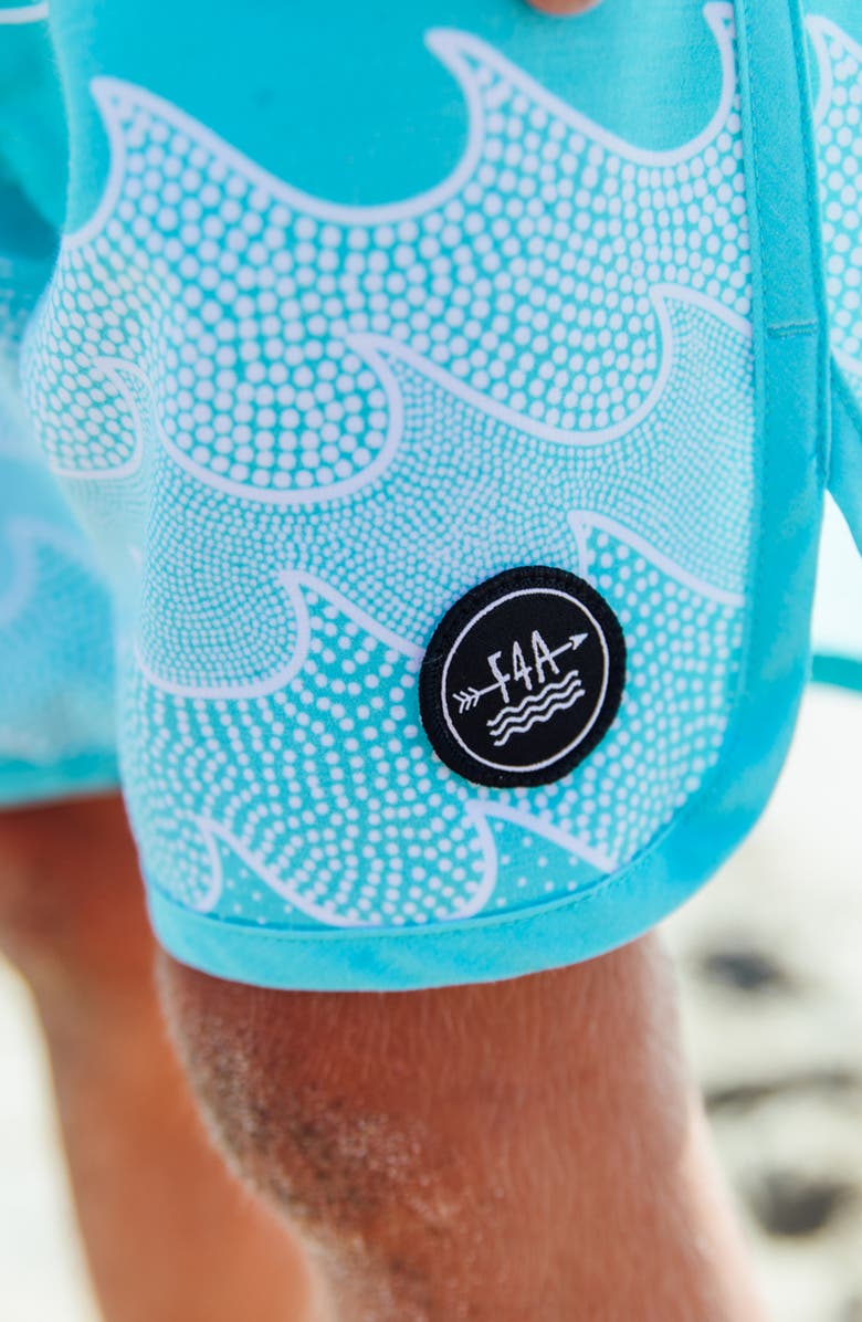 Feather 4 Arrow Kids' Scallop UPF 50+ Board Shorts, Alternate, color, Sea Jet