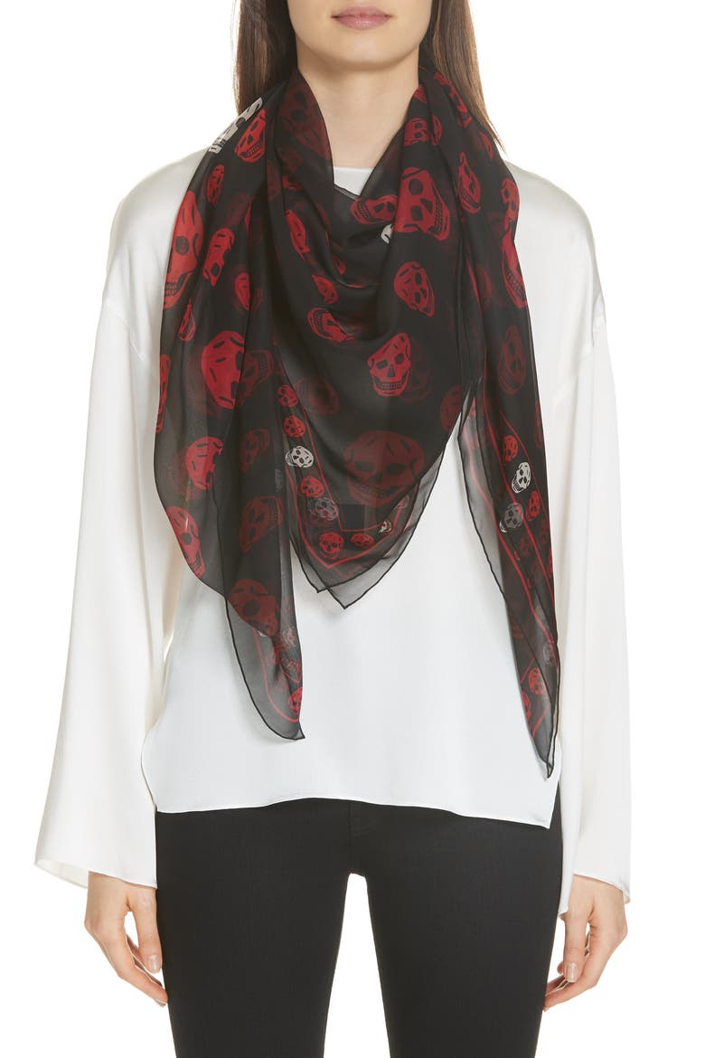 Alexander McQueen Skull Print Chiffon Scarf, Alternate, color, BLACK/ BORDEAUX