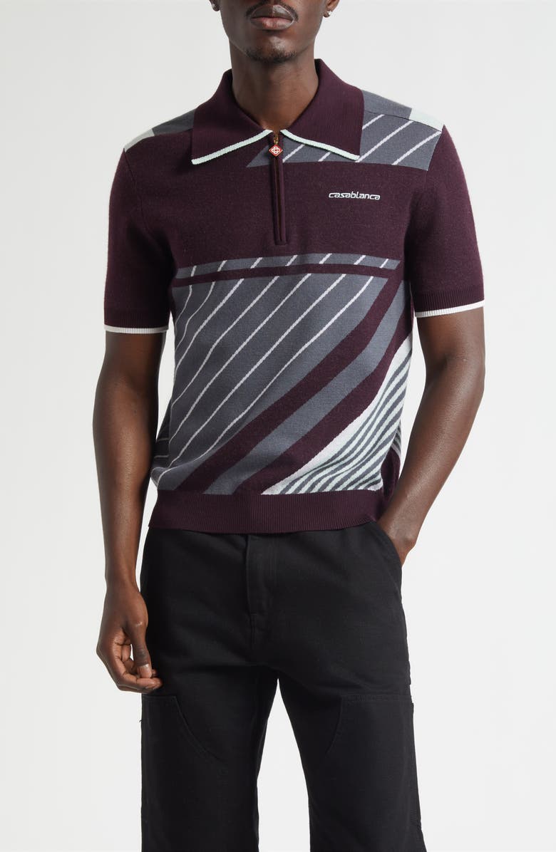 Casablanca Diagonal Stripe Merino Wool Quarter Zip Polo, Main, color, Aubergine