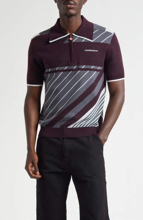 Diagonal Stripe Merino Wool Quarter Zip Polo