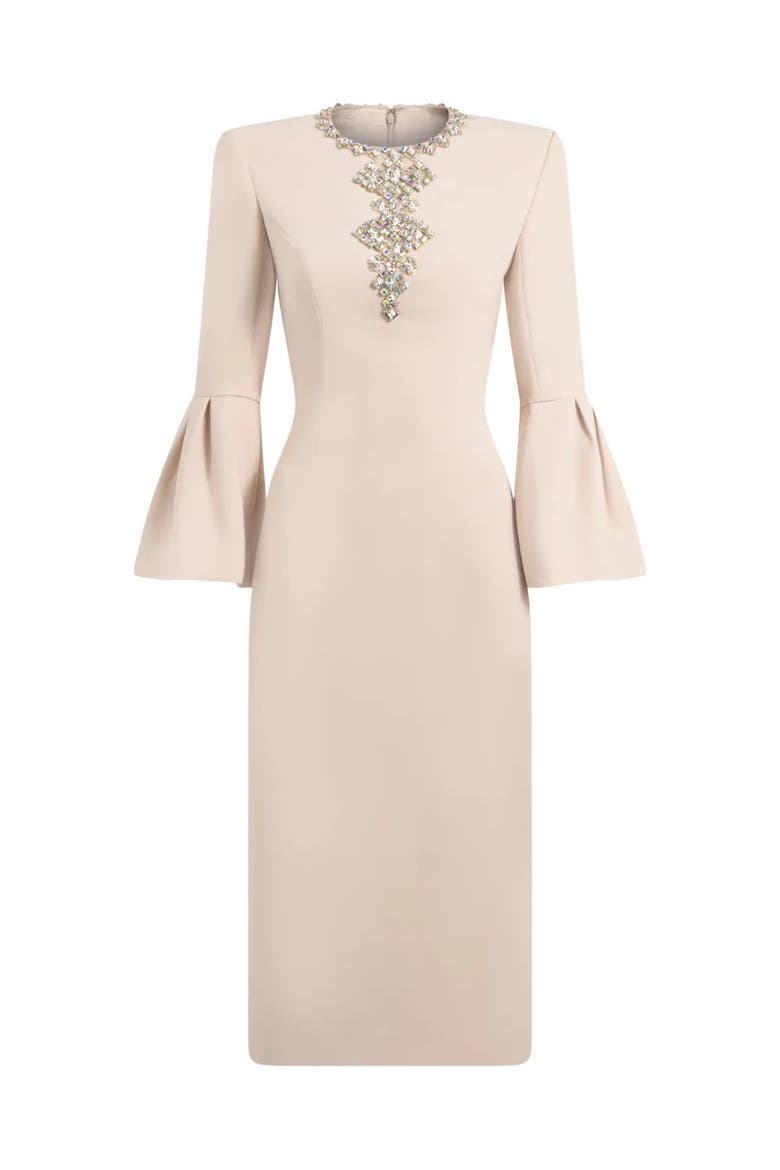 Margoni Bell-Sleeve Embellished Midi Dress, Main, color, Moonstone