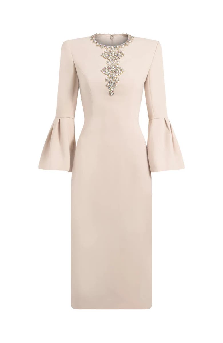Jenny Packham Margoni Bell-Sleeve Embellished Midi Dress, Main, color, Moonstone