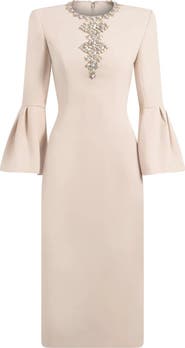 Jenny Packham Margoni Bell-Sleeve Embellished Midi Dress