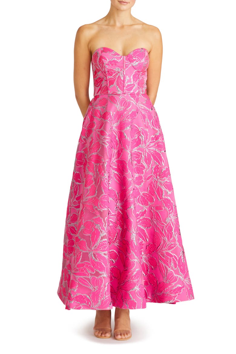 Amelia Strapless Metallic Brocade Gown, Main, color, AZALEA PINK