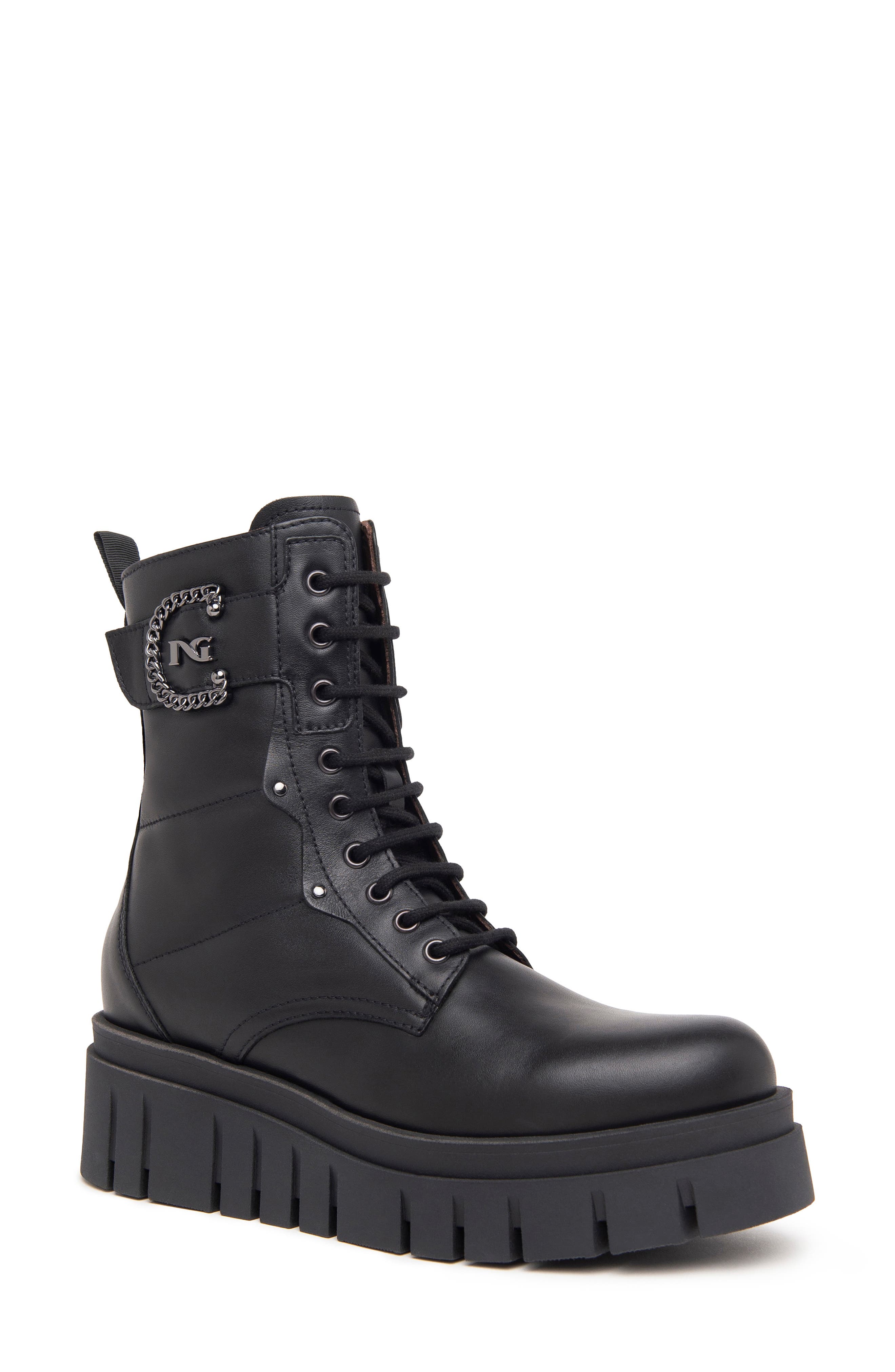 NeroGiardini Lug Sole Lace Up Bootie, Main, color, Black