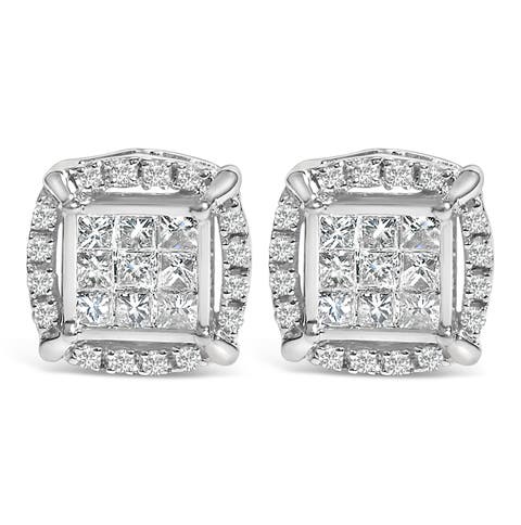 Sterling Silver 1/2 Cttw Princess Cut Diamond Composite and Halo Stud Earrings