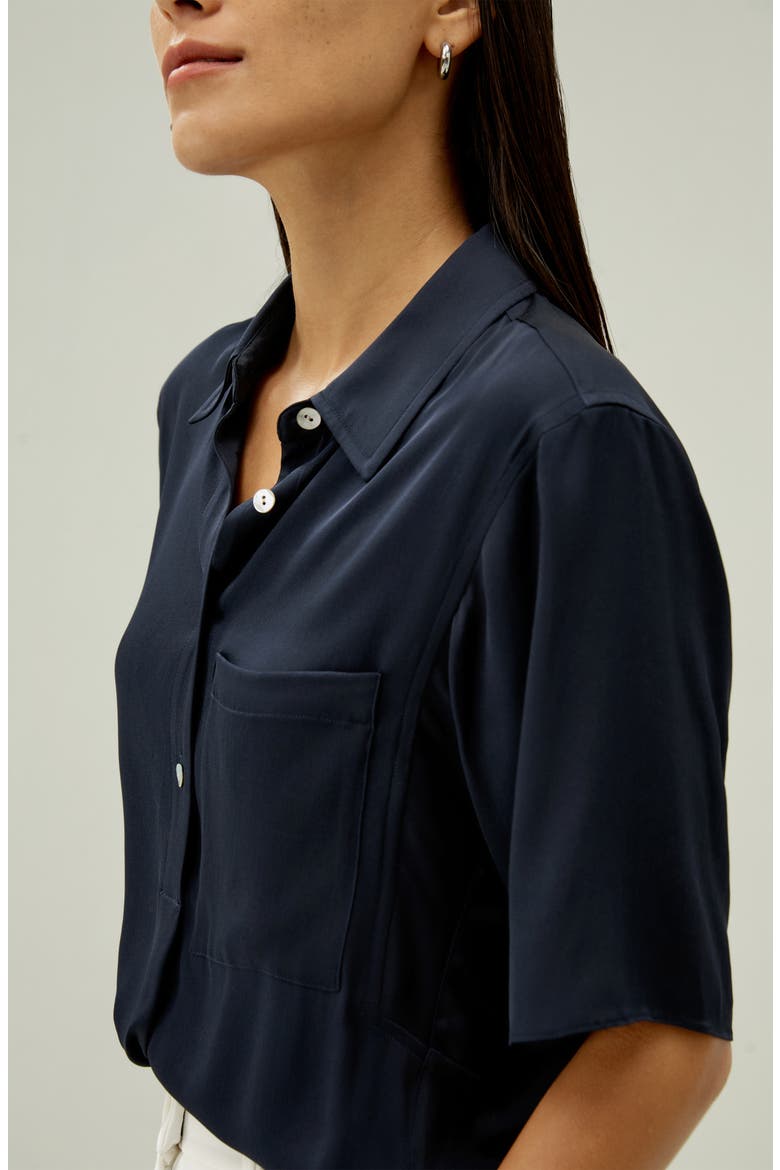 Women's Half-Placket Short Sleeve Button Up Streachy Silk Shirt, Alternate, color, Midnight Blue