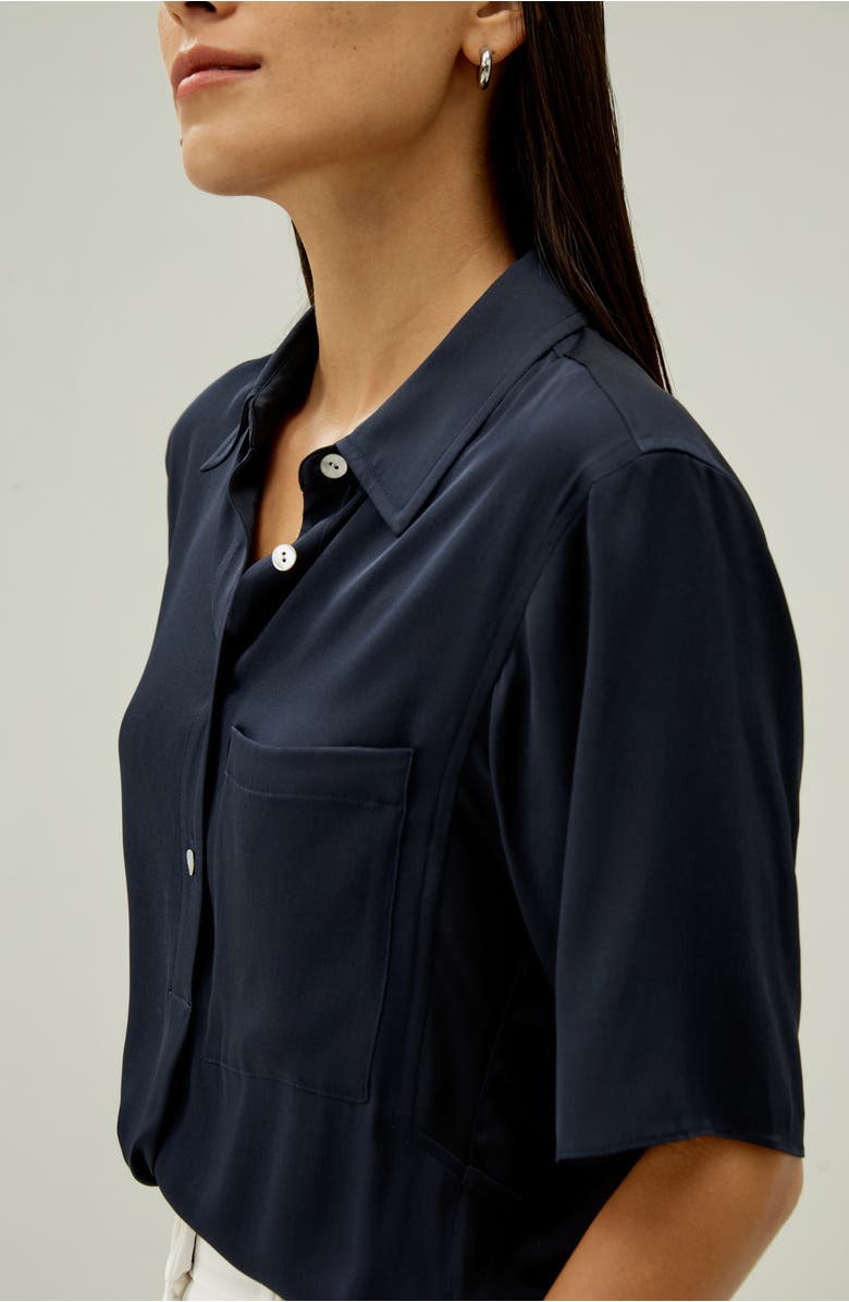 Lilysilk Women's Half-Placket Short Sleeve Button Up Streachy Silk Shirt, Alternate, color, Midnight Blue