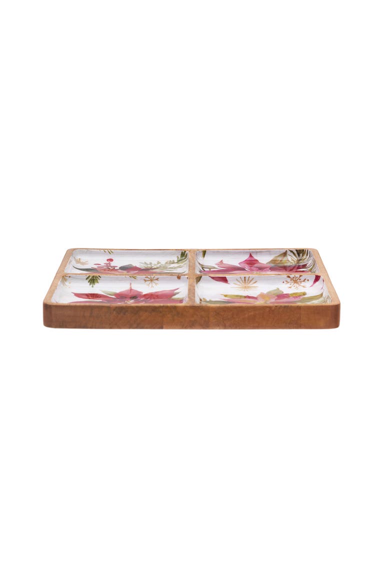 Poinsettias Handpainted Decorative  Mango Wood 4-Section Tray 12" x 12", Alternate, color, Red