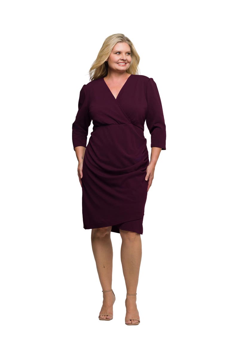 24seven Comfort Apparel Plus Size  Solid Color V Neck Faux Wrap Dress, Main, color, Wine
