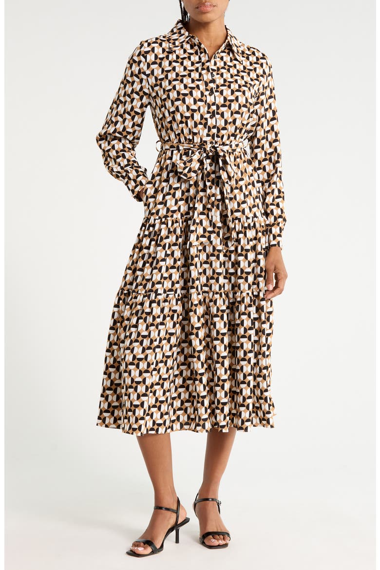 Tiered Long Sleeve Shirtdress, Main, color, TAN BLACK/BONE GEO