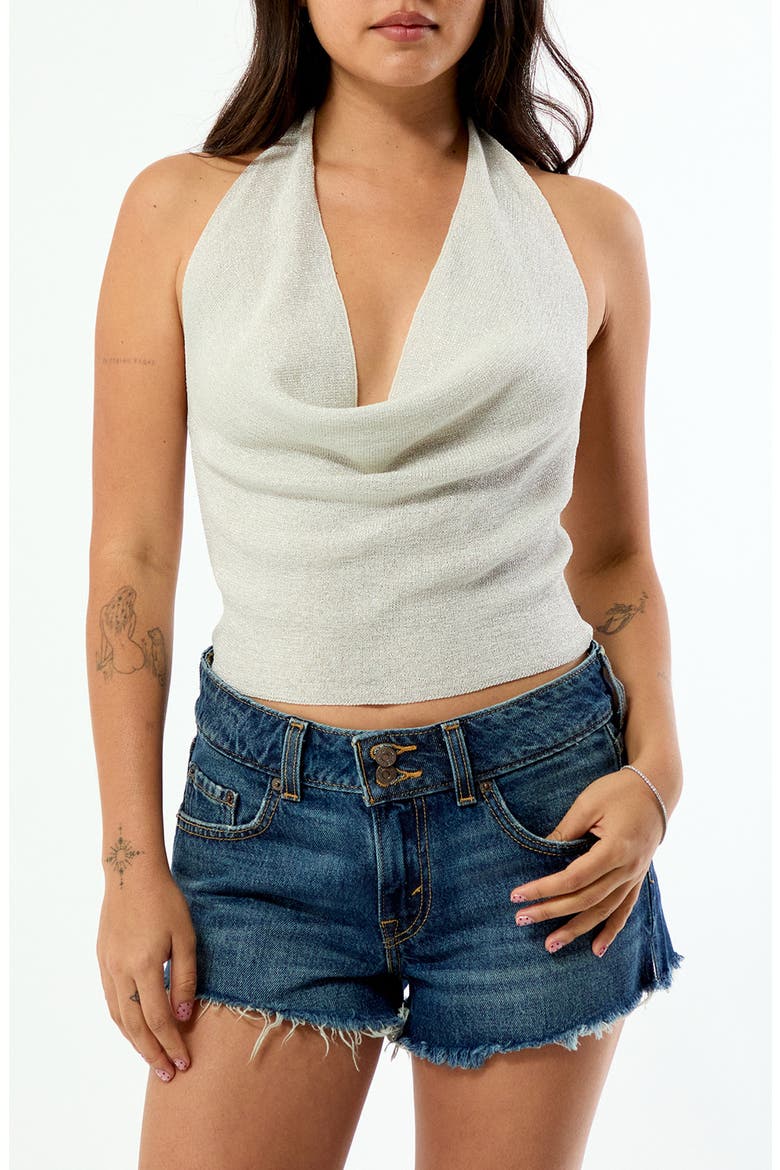 Athena Cowl Halter Neck Metallic Knit Top, Main, color, IVORY