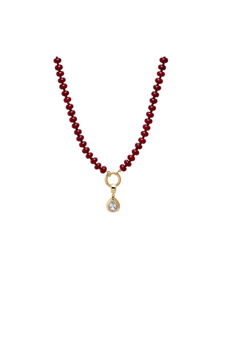 Colored Natural Stone Beaded /CZ Pear Bezel Charm Necklace, Main, color, Red