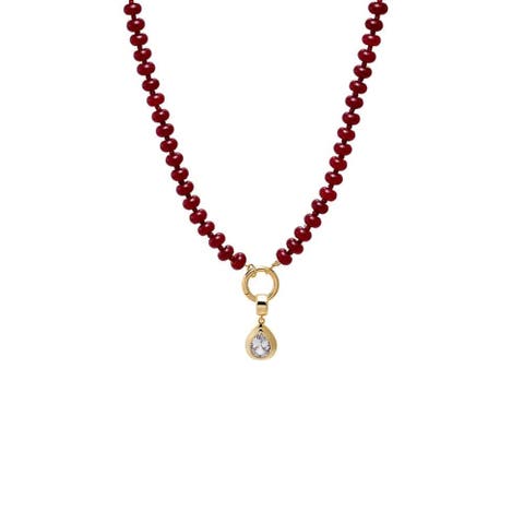 Colored Natural Stone Beaded /CZ Pear Bezel Charm Necklace