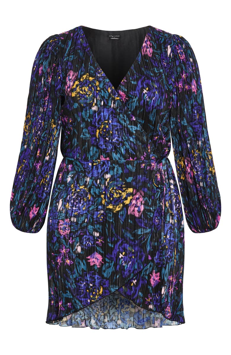 City Chic Kira Floral Print Long Sleeve Plissé Faux Wrap Dress, Alternate, color, 