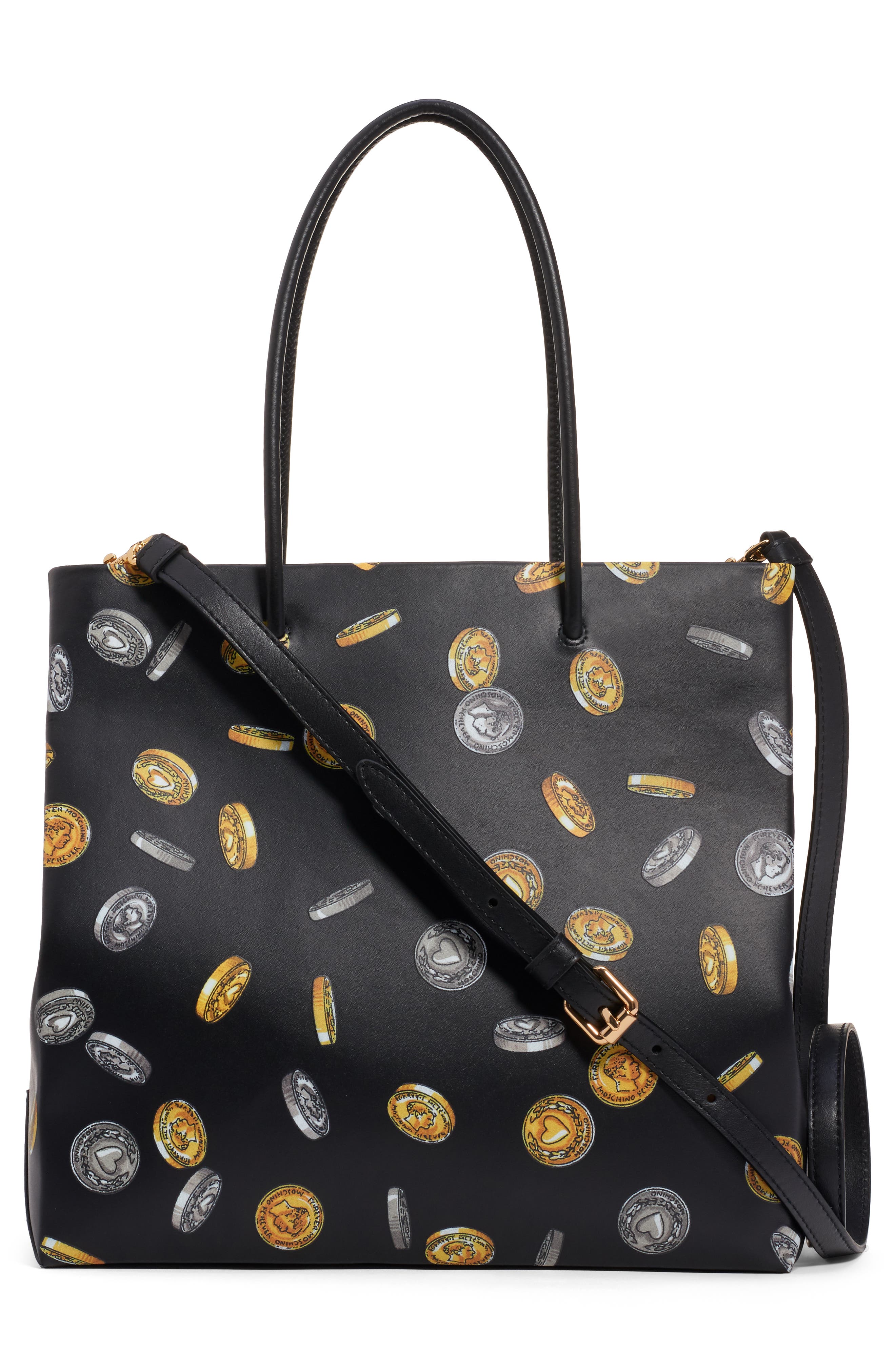 Moschino Logo Coin Print Faux Leather Tote, Alternate, color, 
