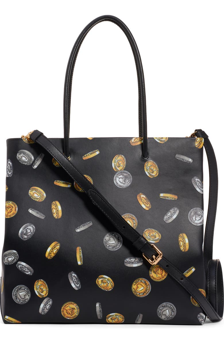 Moschino Logo Coin Print Faux Leather Tote, Alternate, color,