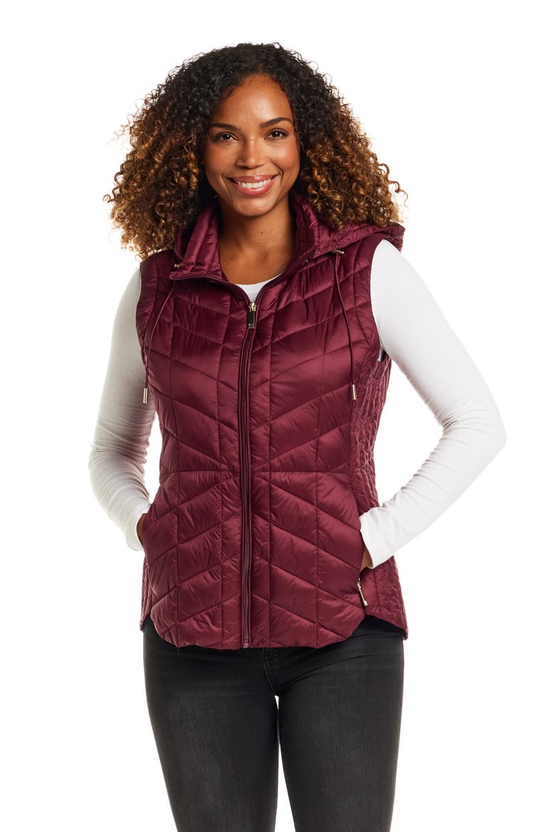 Quilted Water Resistant Vest with Removable Hood, Alternate, color, BURGUNDY