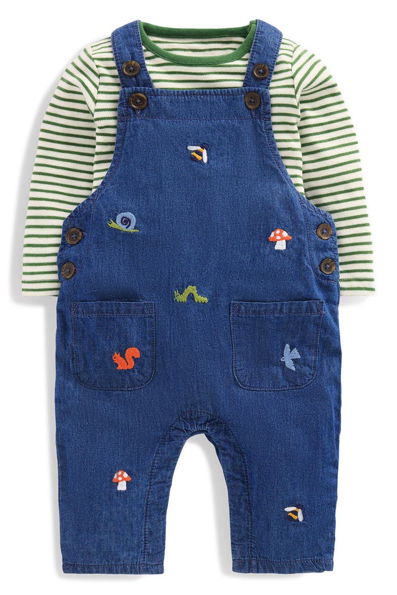 Embroidered Dungarees & T-Shirt Set, Main, color, DENIM WOODLAND EMBROIDERY
