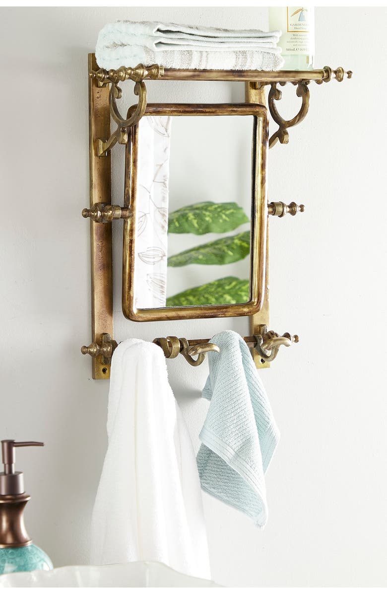 WILLOW ROW Brown Bathroom Wall Rack with Hooks & Rectangular Mirror, Alternate, color, 