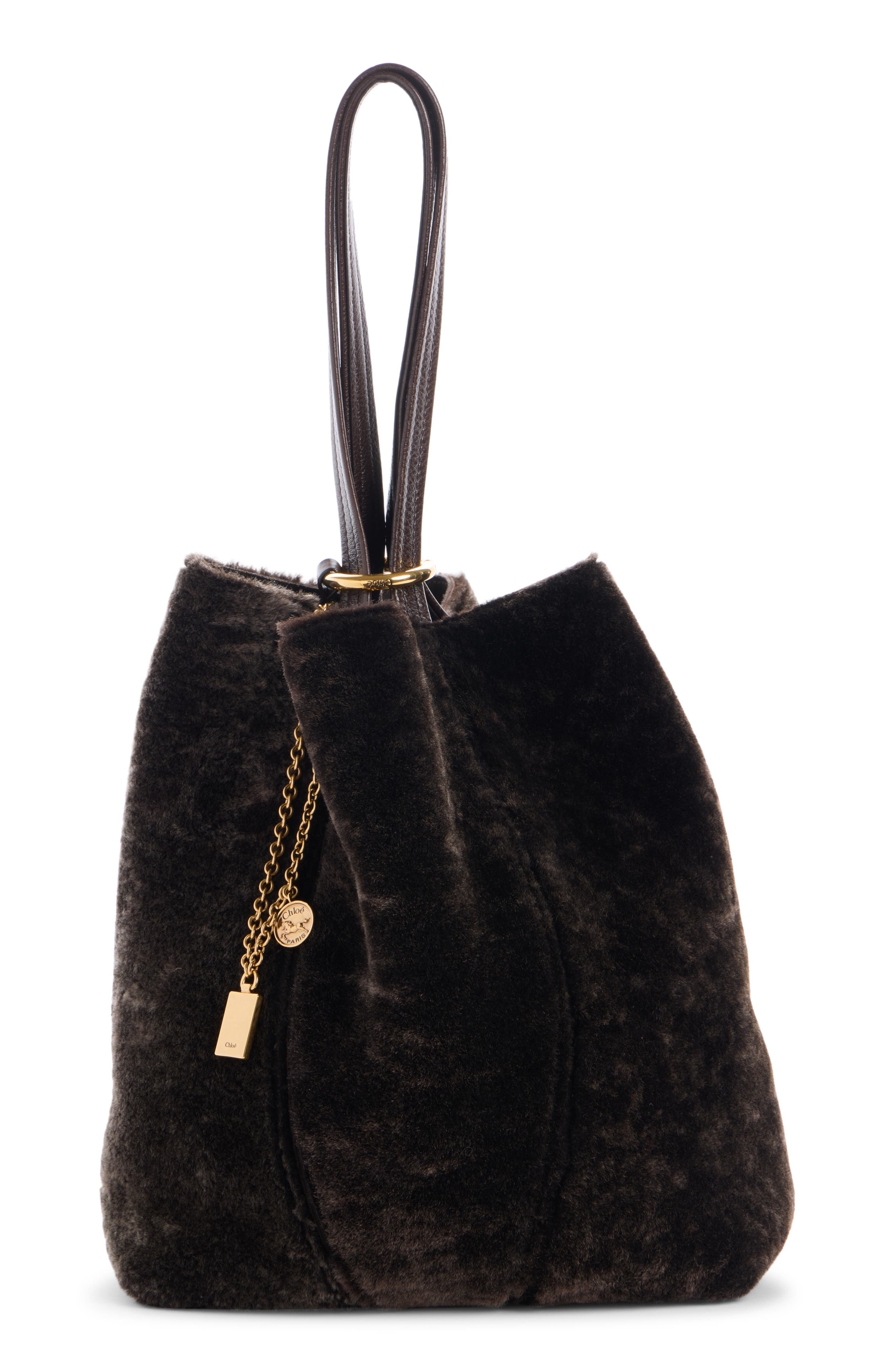 Chloé Large Spin Genuine Shearling Tote, Alternate, color, Kohl Brown