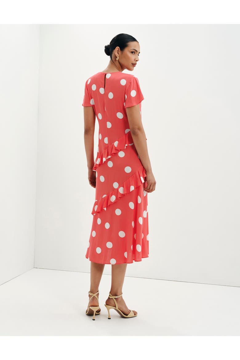 Sierra Asymmetric Ruffle Midi Dress, Alternate, color, Red Spot