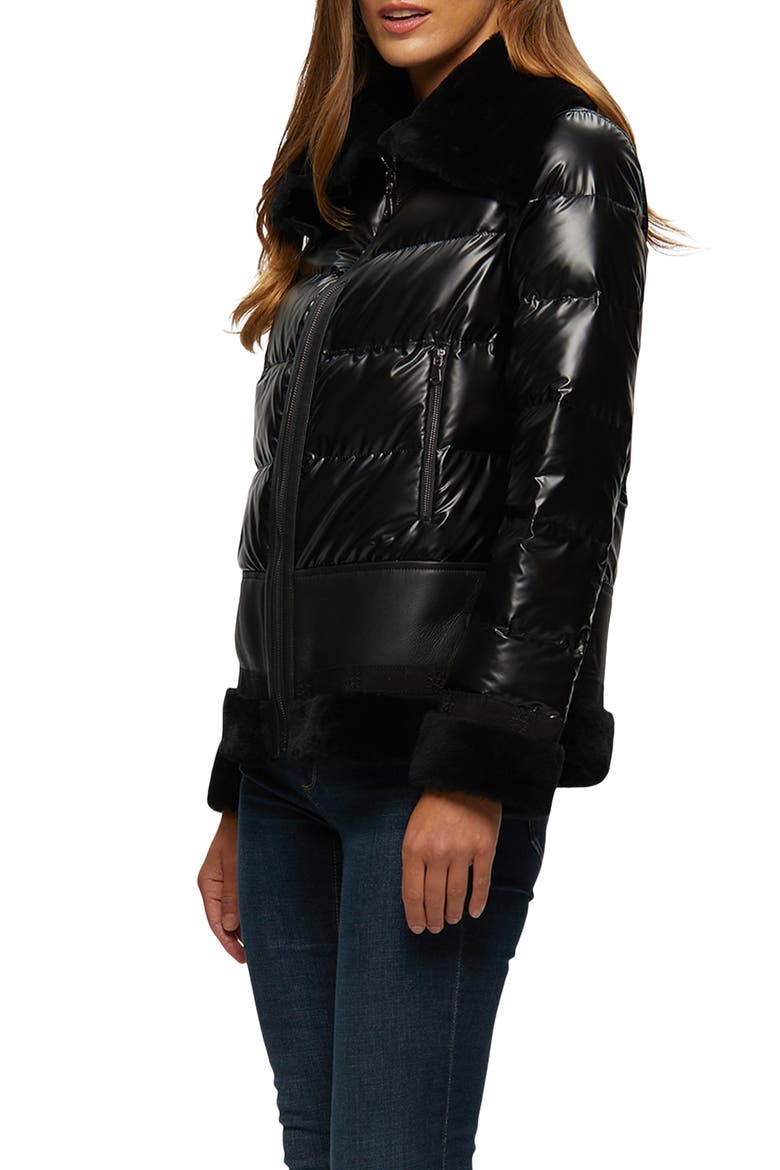 Quilted Jacket with Genuine Shearling Trim, Alternate, color, BLACK/BLACK