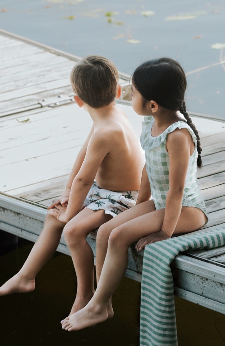 Petit Lem Flowers On Green Gingham Check One-Piece Swimsuit, Alternate, color, Light Green