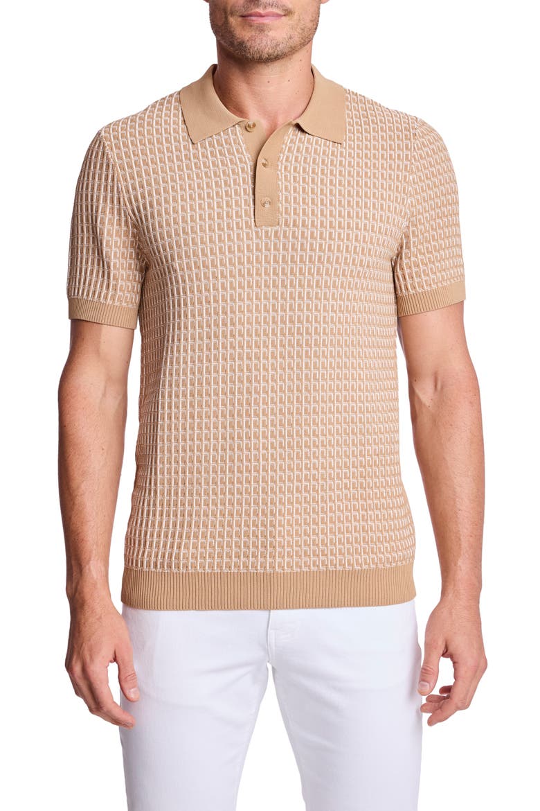 Trim Fit Geometric Knit Polo, Main, color, TAN & WHITE