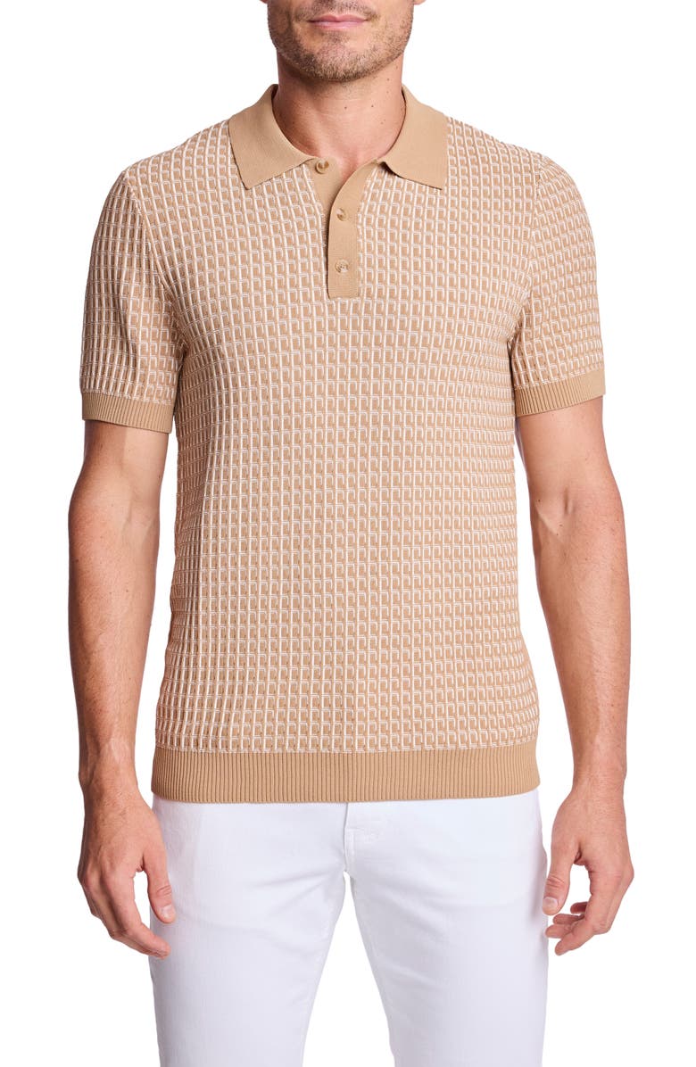PAISLEY & GRAY Trim Fit Geometric Knit Polo, Main, color, Tan & White