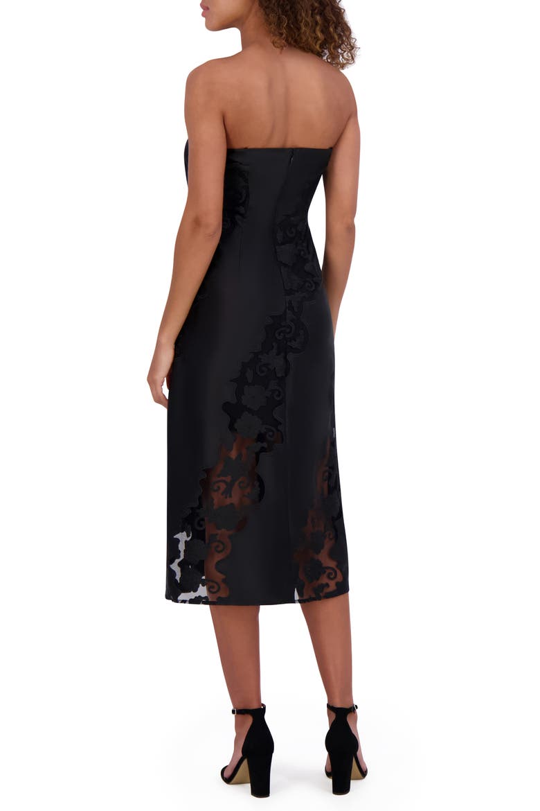 Embroidered Strapless Matte Satin Midi Dress, Alternate, color, BLACK