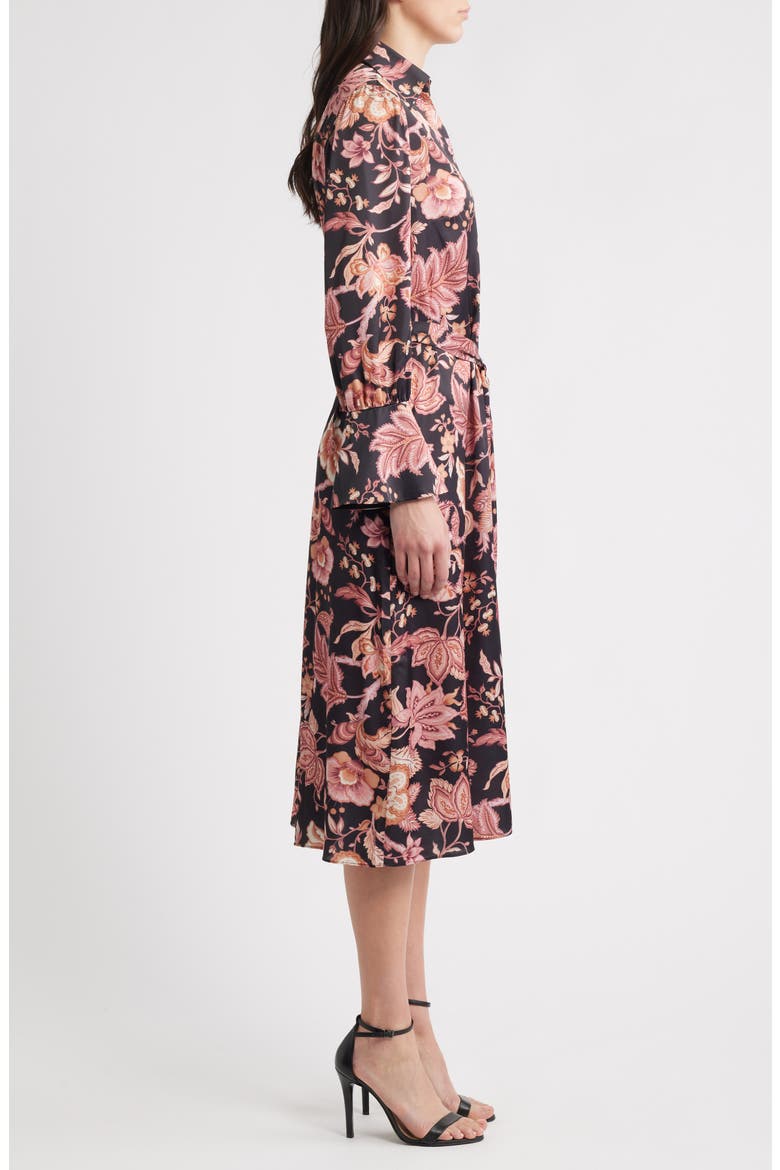 Long Sleeve Tie Belt Satin Midi Shirtdress, Alternate, color, BLACK MULTI
