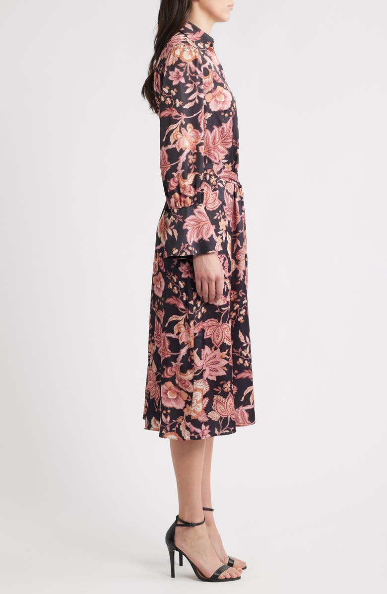 Julia Jordan Long Sleeve Tie Belt Satin Midi Shirtdress, Alternate, color, Black Multi