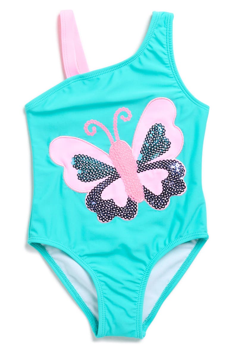 Kids' Butterfly Appliqué One-Piece Swimsuit, Main, color, TEAL