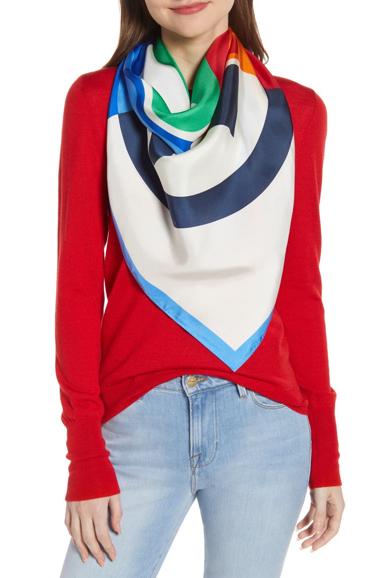 Colorblock Logo Silk Scarf, Main, color, BONDI BLUE