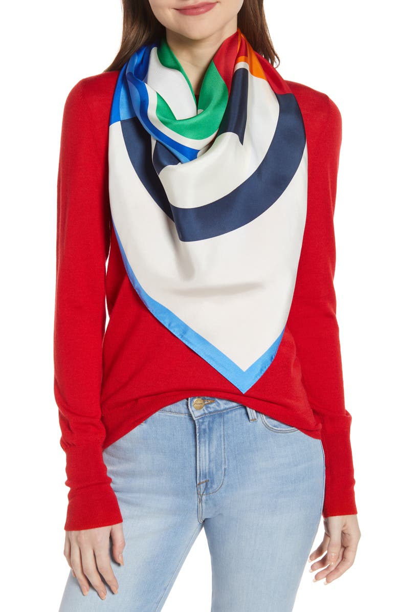 Tory Burch Colorblock Logo Silk Scarf, Main, color, 