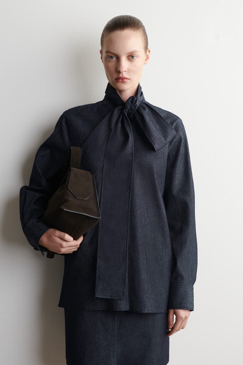 Bow-Detail Denim Shirt, Main, color, INDIGO
