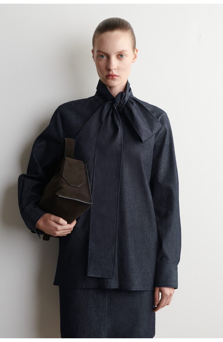 COS Bow-Detail Denim Shirt, Main, color, Indigo