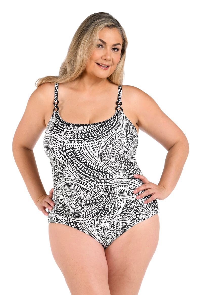Dreamcatcher Abstract Print One-Piece Swimsuit, Alternate, color, IVORY/BLACK