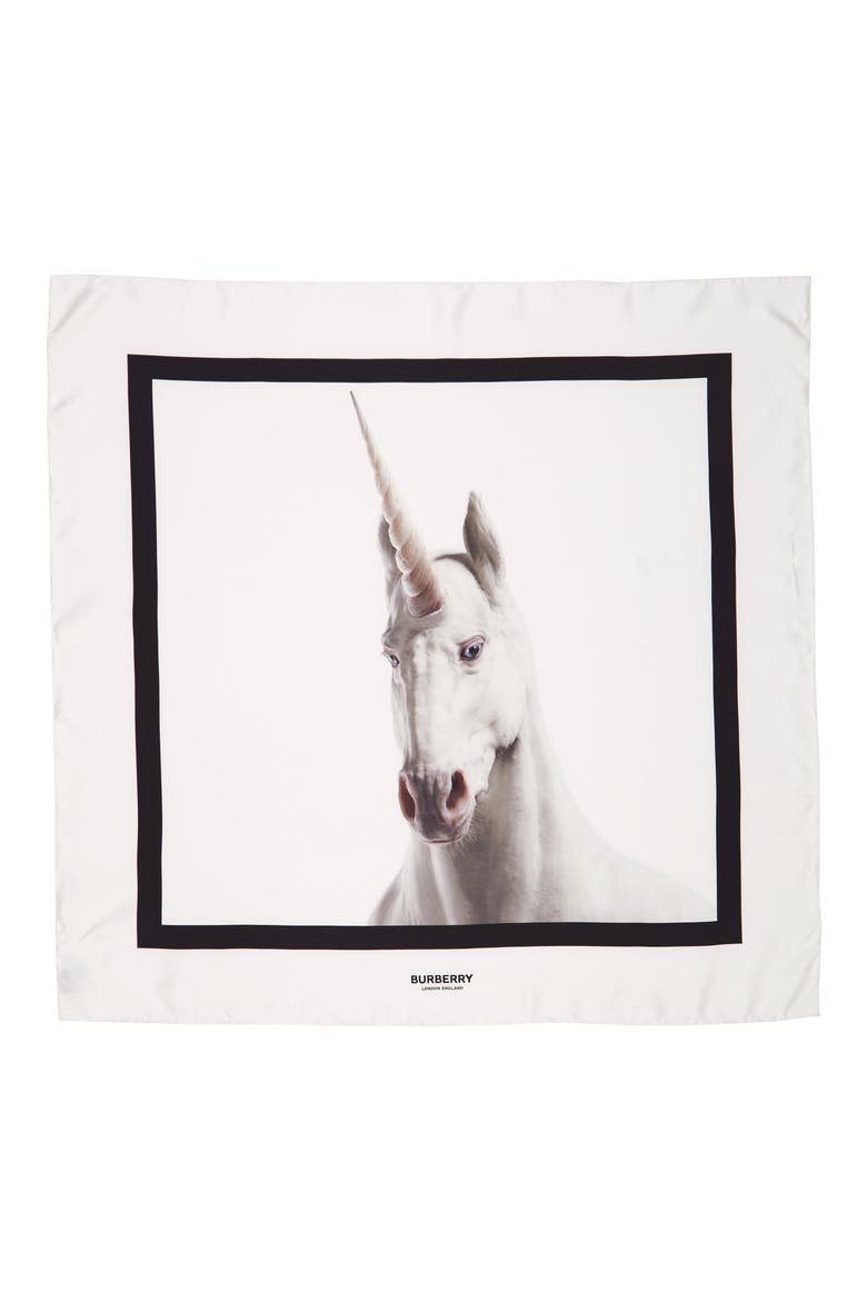 Unicorn Graphic Square Silk Scarf, Main, color, WHITE