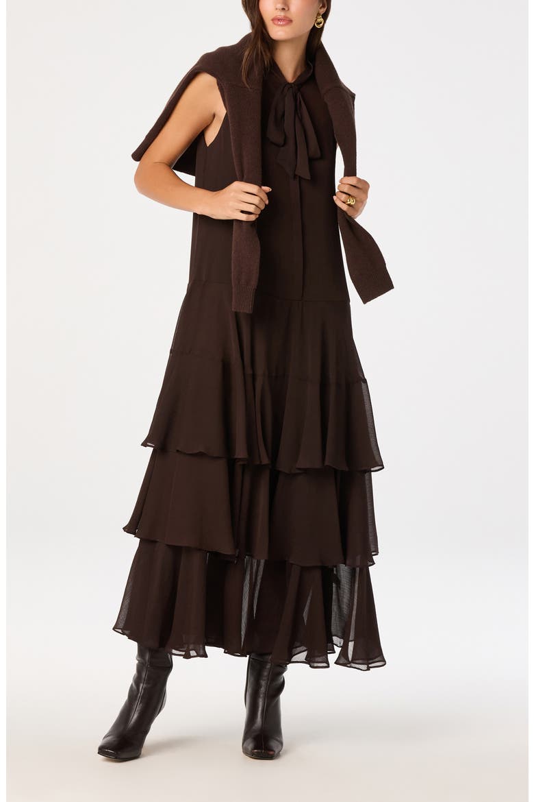 Katheryn Tie Neck Tiered Midi Dress, Alternate, color, ESPRESSO