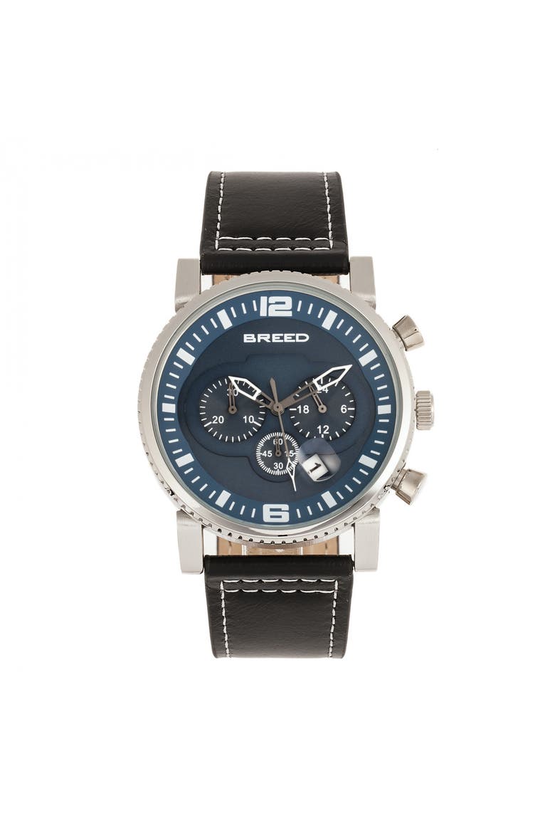 Ryker Chronograph Leather-Band Watch w/Date, Main, color, Black/Blue