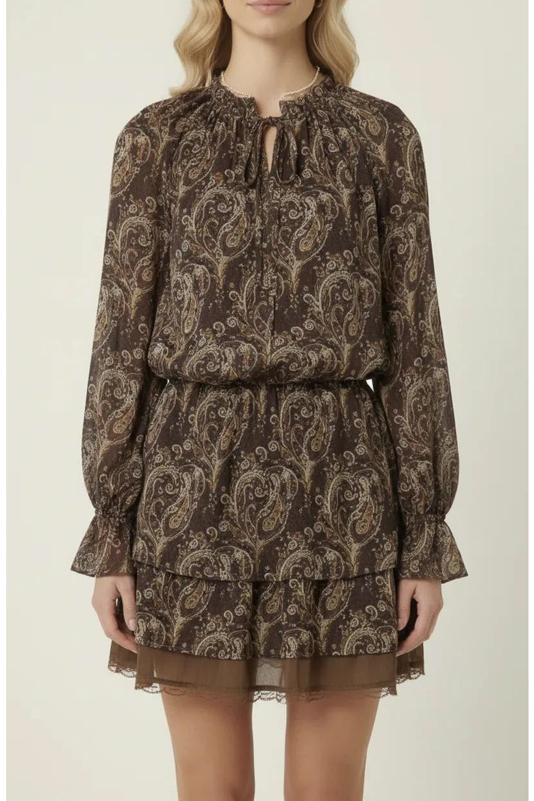 Paisley Print Mini Dress with Tiered Skirt and Long Sleeves, Alternate, color, Dark Brown Paisley