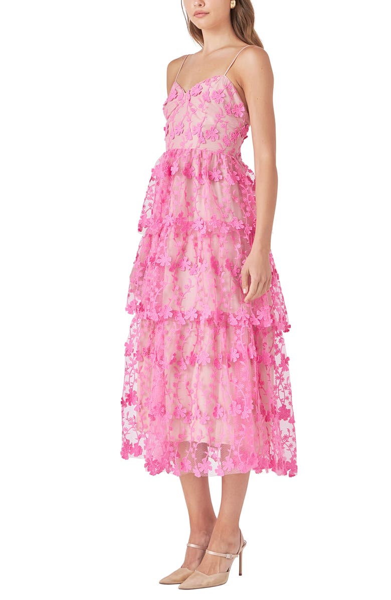 Endless Rose Floral Embroidered Tiered Lace Midi Dress, Alternate, color, Pink