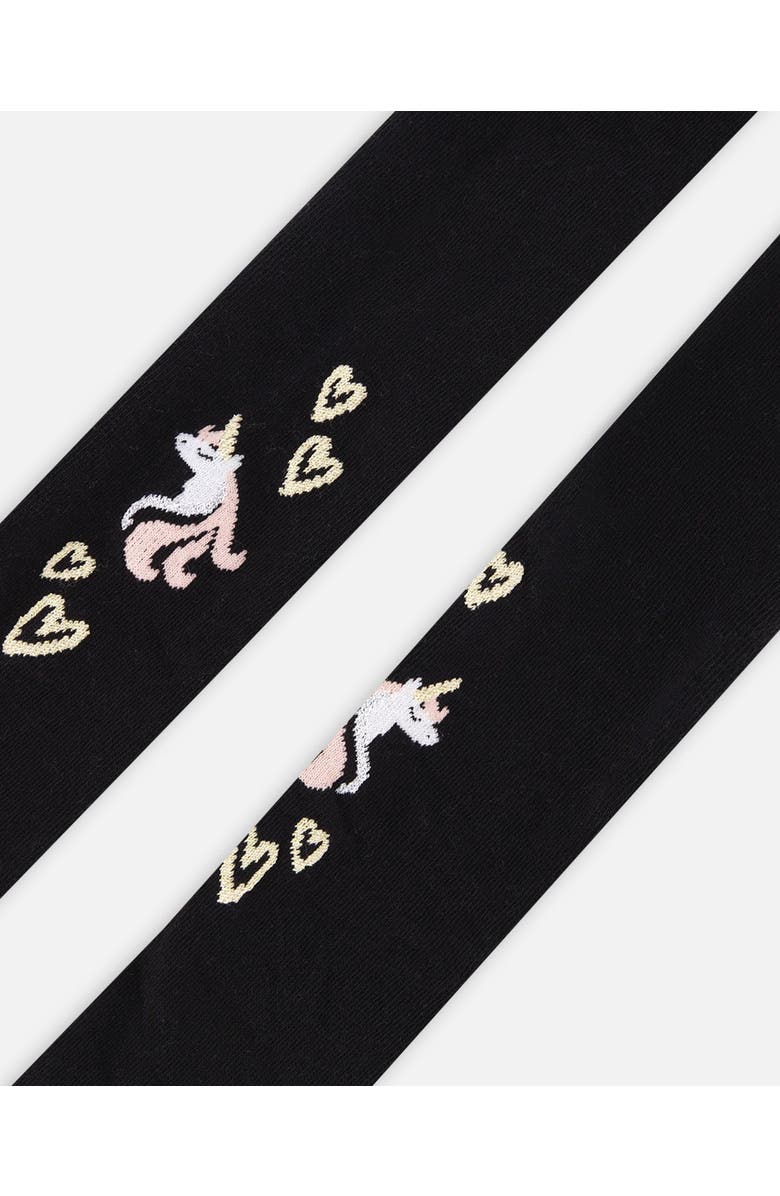 Deux par Deux Knit Tights with Unicorns and Hearts, Alternate, color, Black