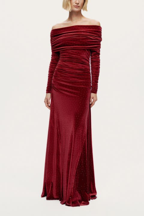 Off-Shoulder Velvet Maxi Dress with Rhinestone Detail