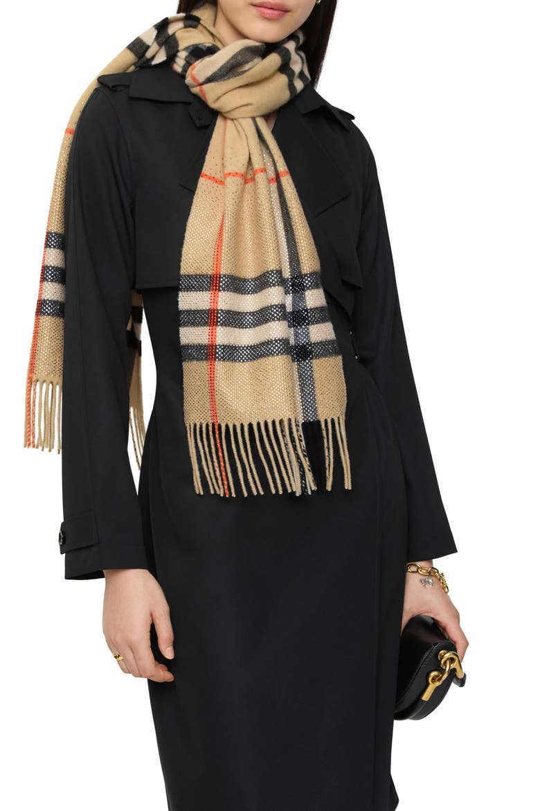 Crystal Embellished Check Cashmere Fringe Scarf, Alternate, color, SAND