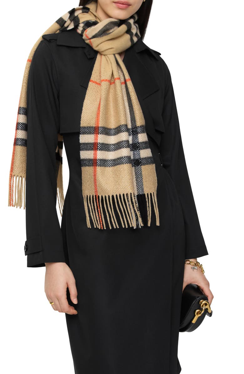 Burberry Crystal Embellished Check Cashmere Fringe Scarf, Alternate, color, Sand