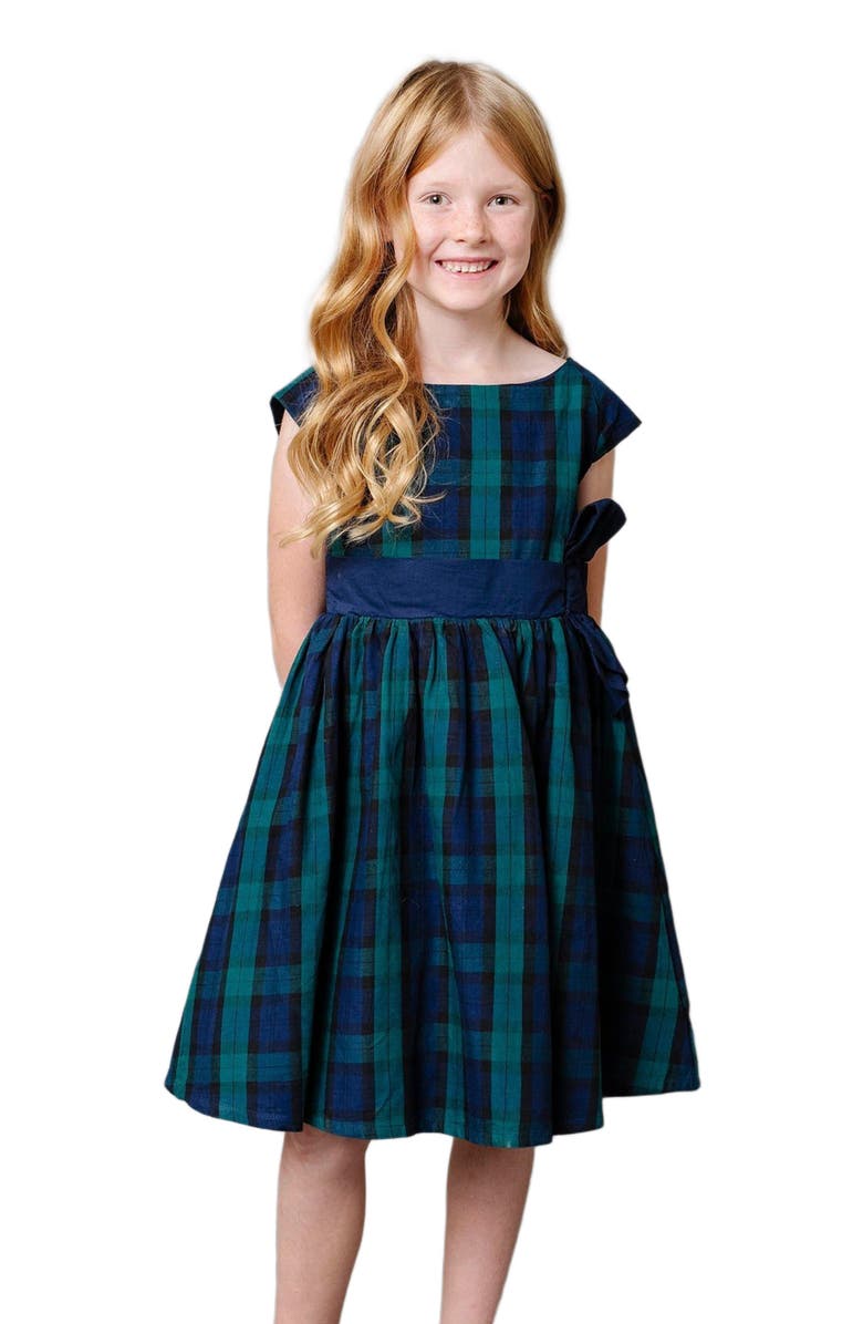 Hope & Henry Girls' Organic Cap Sleeve Party Dress with Bow Sash, Toddler, Alternate, color, Black Watch Tartan